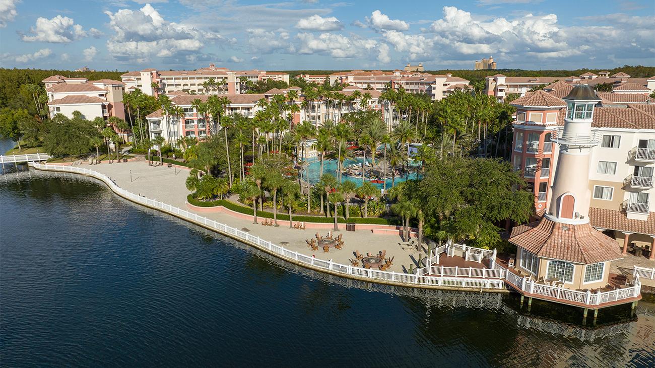 Exterior of Grande Vista resort timeshare showing canal, lighthouse and pool